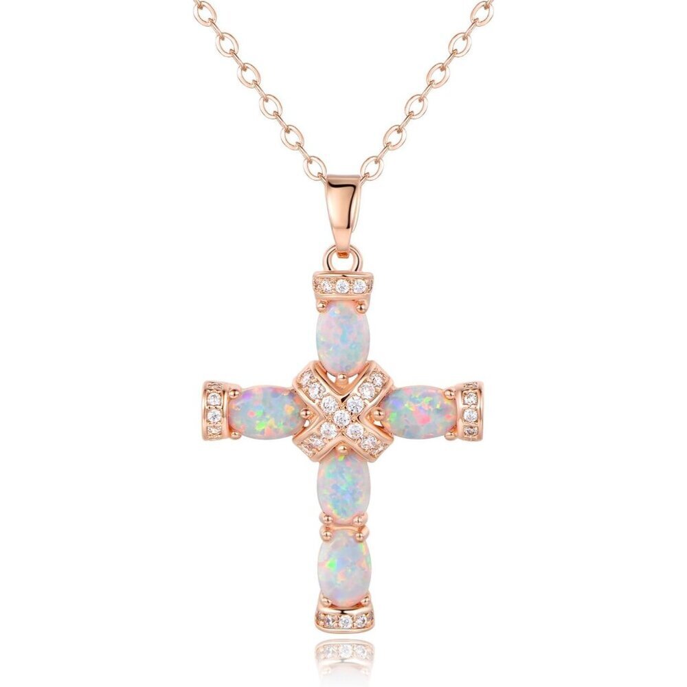 Gold Plated Opal Cross Necklace 18in with 2in Extension for Women Girls - Picture 1 of 5